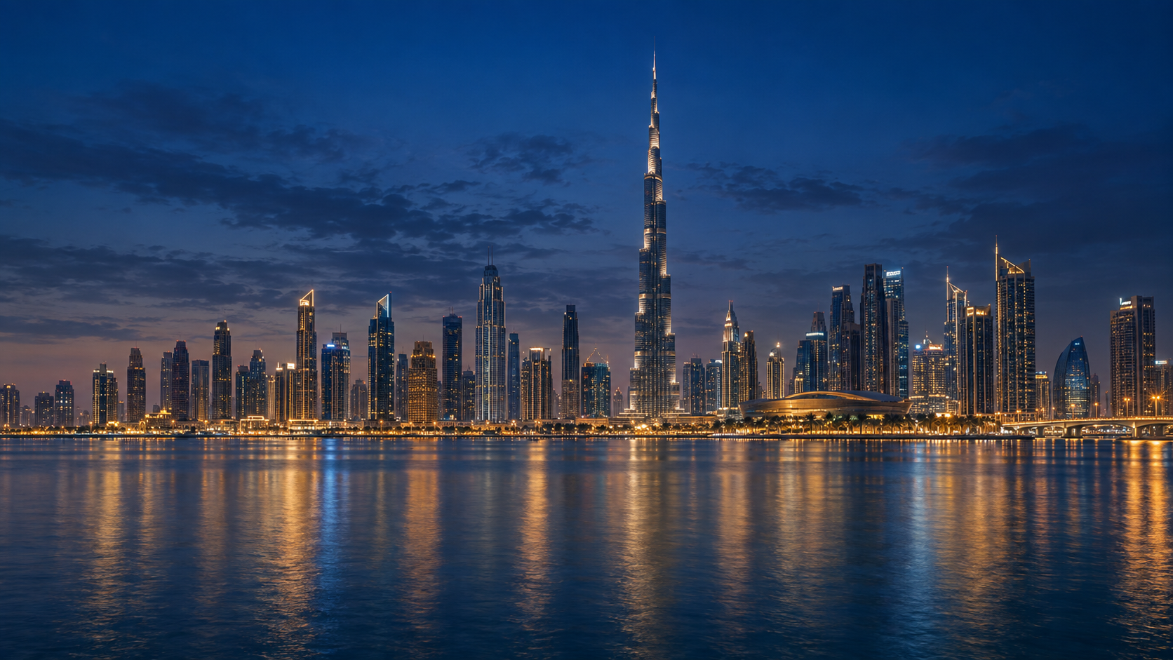 Dubai skyline and Burj Khalifa above the water at blue hour